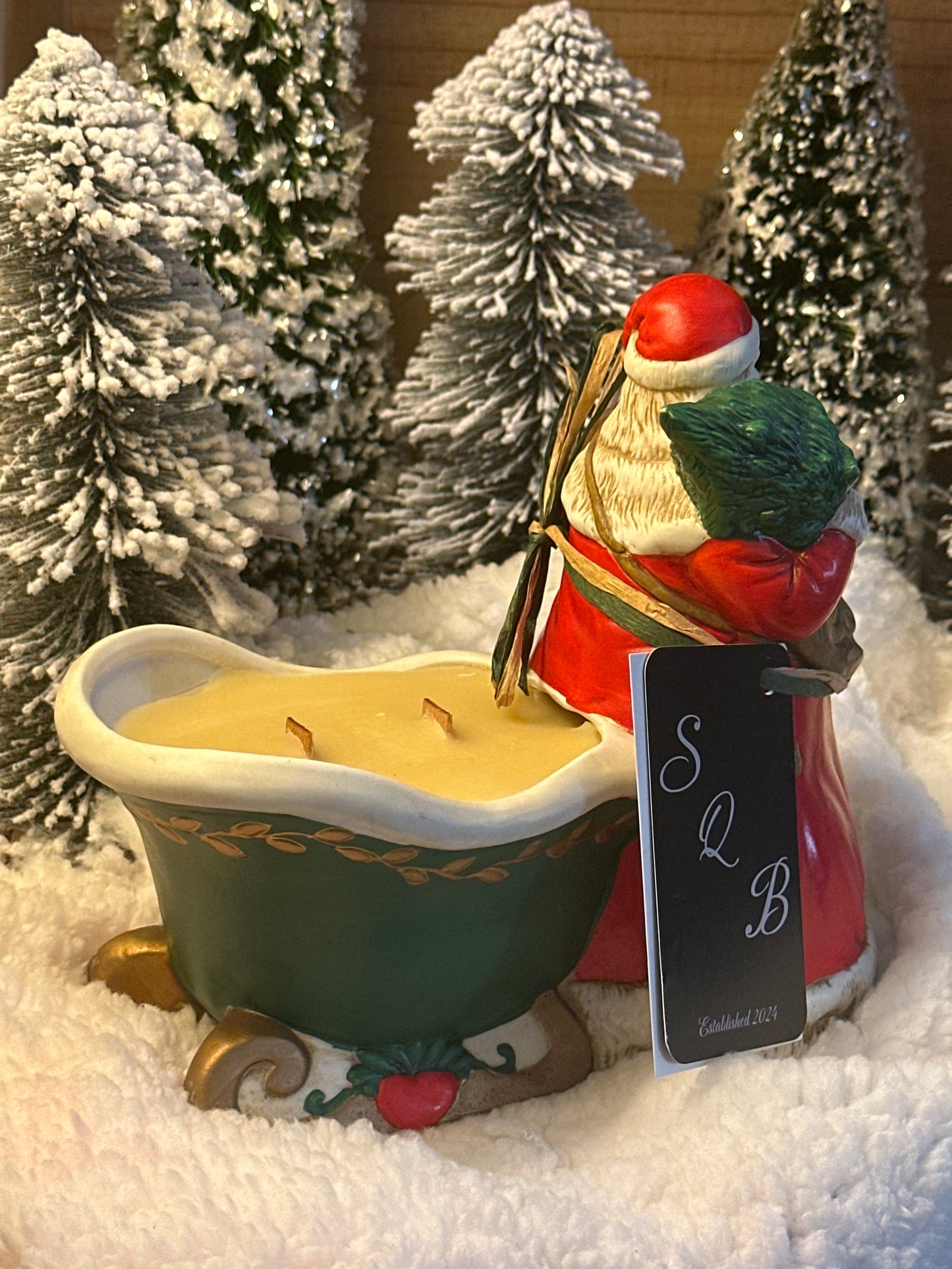 Vintage Claire Burke Green Sled Santa Candle